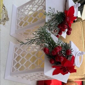 White Holiday Lantern with Red Berry and Poinsettia Accent